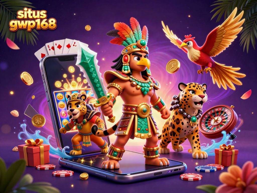 Situs gwp168 menghadirkan ilustrasi 3D bertema Aztec dengan elemen permainan slot yang menarik, menampilkan pahlawan dan elemen kasino.