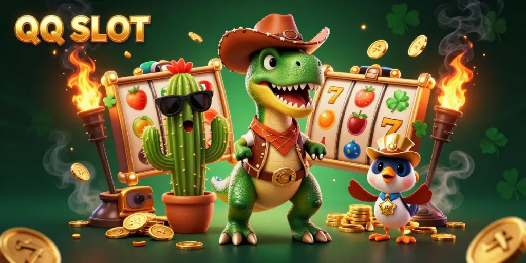 Experience QQ SLOT excitement with a T-Rex, cactus, and roadrunner amidst vibrant casino elements.