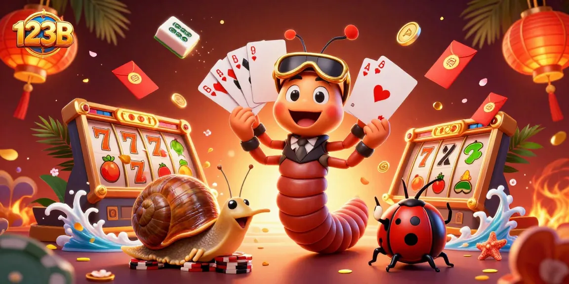 Engage with 123B through a vibrant 3D casino scene featuring a cartoon millipede dealer and high-rollers.