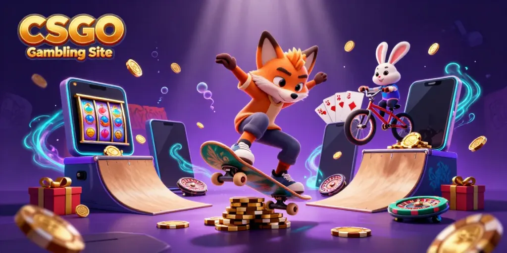 Engaging scene of CSGO Gambling Site with a fox on a skateboard and a rabbit BMX rider in a casino-themed graffiti backdrop.