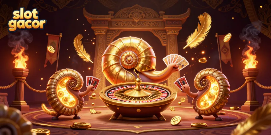 Menang besar di slot gacor dengan nautilus raksasa yang memegang kartu di arena bertemakan kasino.