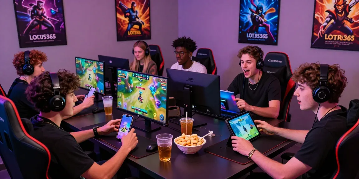 Friends enjoying the Lotus365 gaming platform on devices in a lively gaming environment.