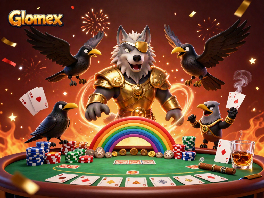 Experience Glomex's vibrant casino scene with Odin, ravens, and poker excitement.