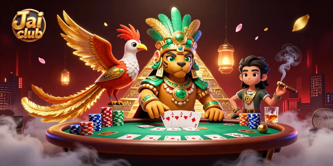 Engage with Jai club's vibrant poker scene featuring a Mayan priest and dazzling game elements.