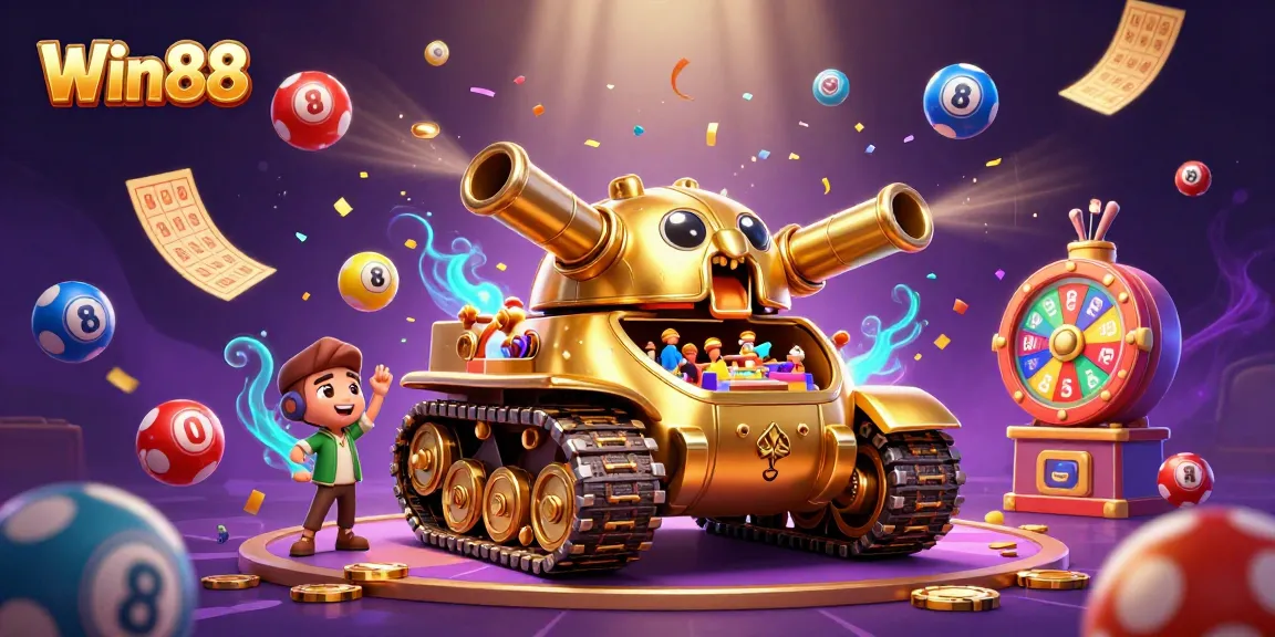 Win88 offers thrilling gameplay with a vibrant casino scene filled with confetti and prizes.