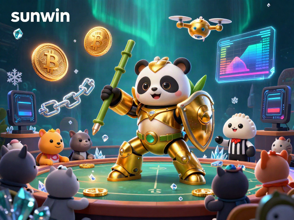 Experience exciting gameplay action with sunwin surrounded by vibrant cryptocurrencies and dynamic casino elements.