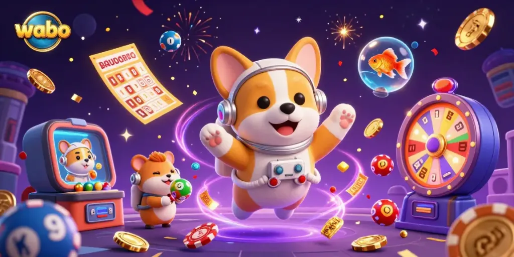 Experience thrill with wabo's exciting 3D casino scene featuring animated games and cosmic characters.