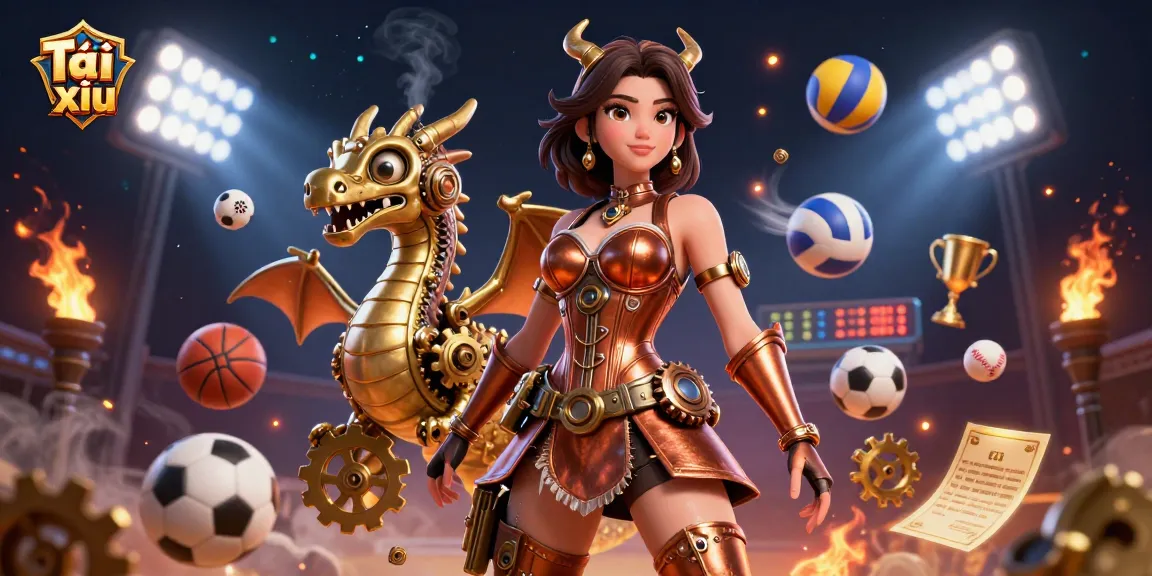Tài xỉu game action scene with 3D characters, vibrant sports elements, and dynamic visuals.