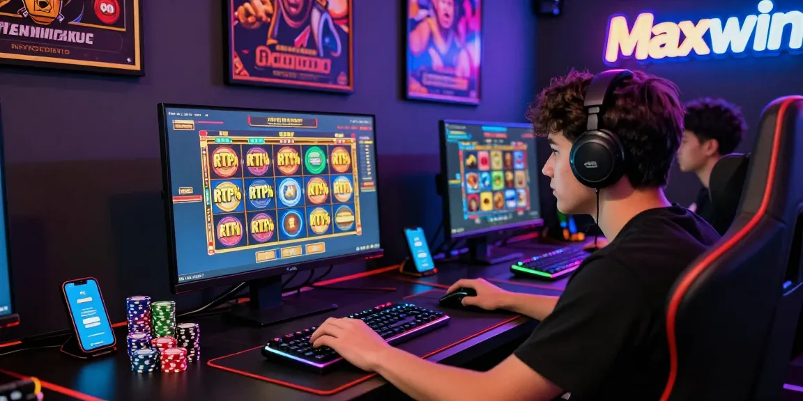 Permainan toto slot dengan pemain fokus, penuh warna dan suasana kompetitif saat bermain di layar komputer