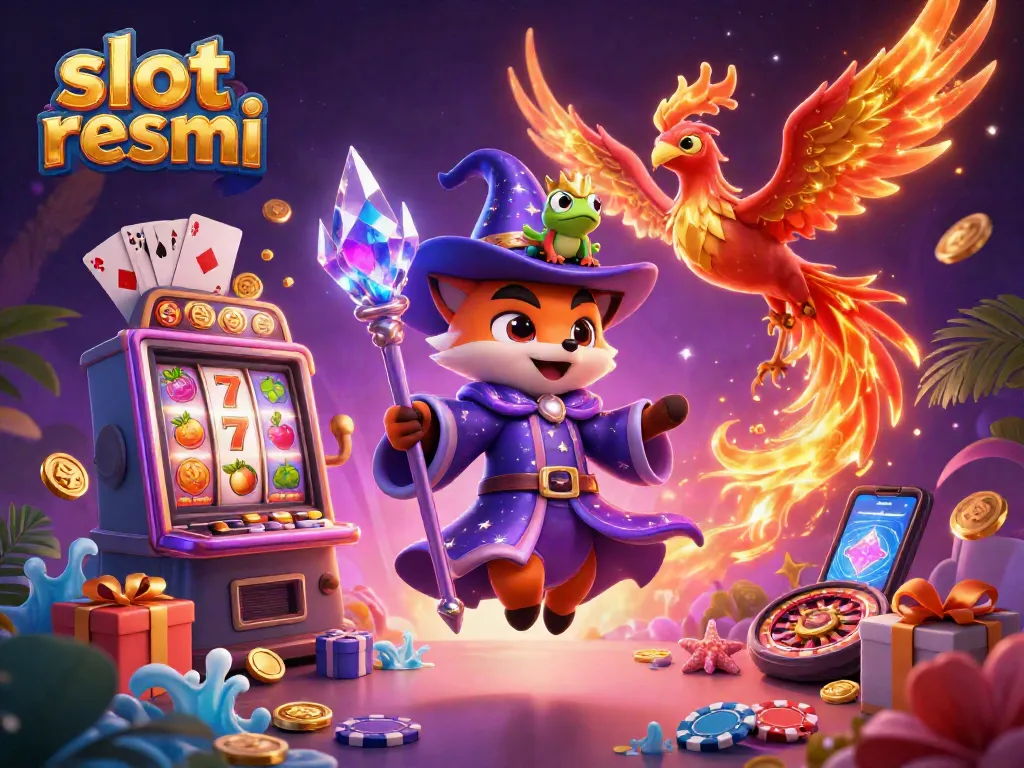 Engage in thrilling slot resmi action with a wizard fox, phoenix, and enchanted frog surrounded by dynamic casino elements.