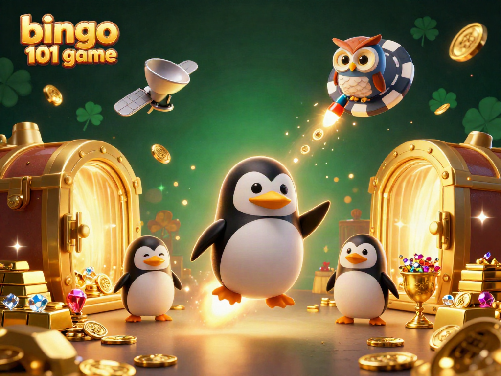 Gambarkan keseruan permainan bingo 101 game dengan ilustrasi kartun 3D yang penuh warna dan detail.