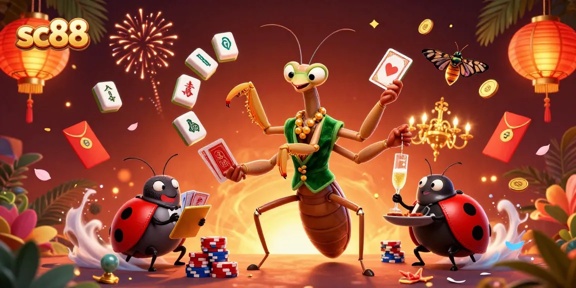 Experience sc88's vibrant online gaming scene with a whimsical card-dealing mantis and a ladybug pit boss.