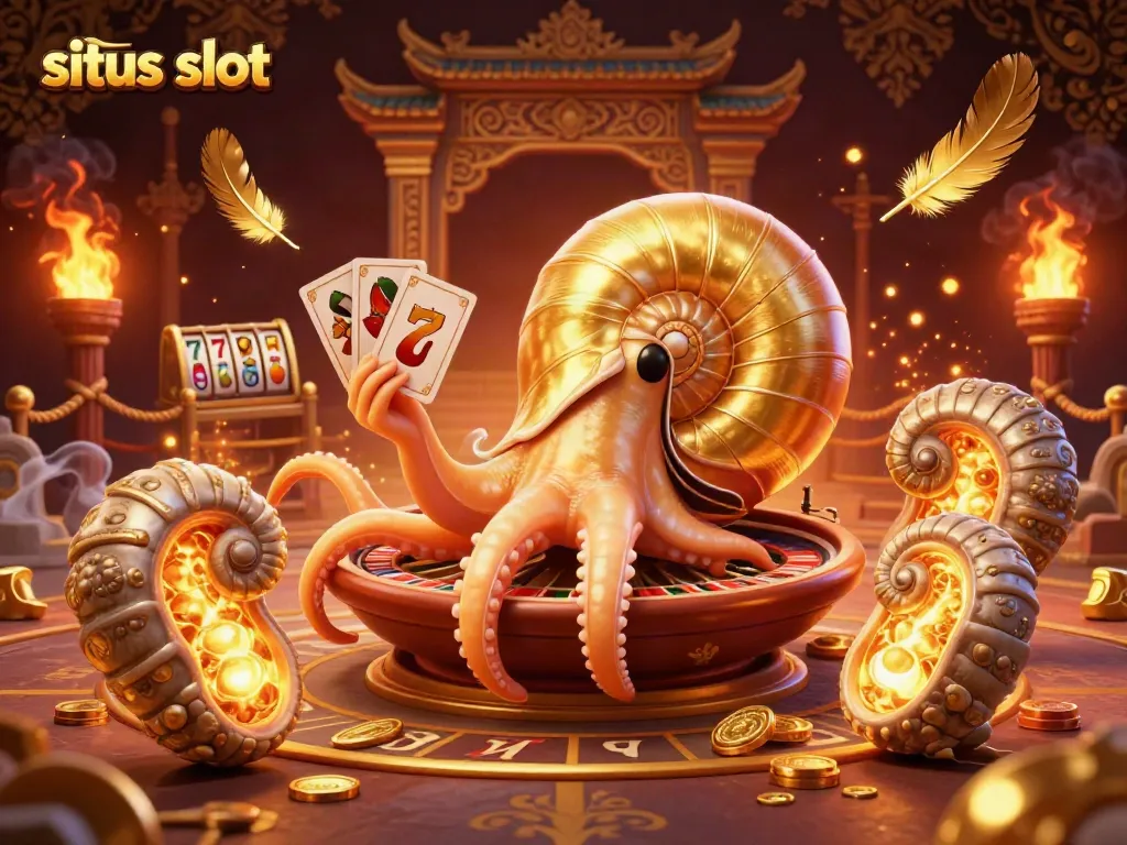 Experience situs slot action with a dynamic illustration of a giant nautilus roulette wheel and glowing ammonite companions.