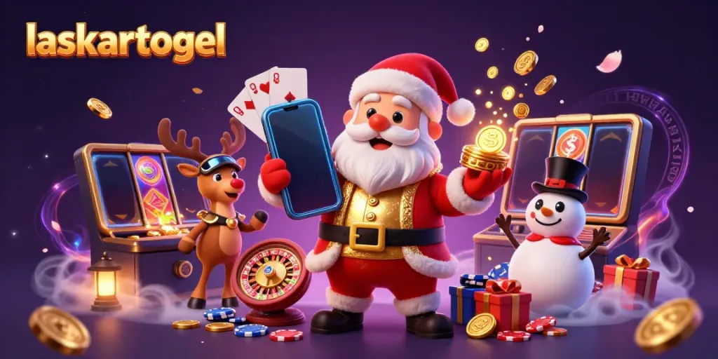 Experience jackpot thrills with laskartogel's festive casino scene featuring energetic characters.