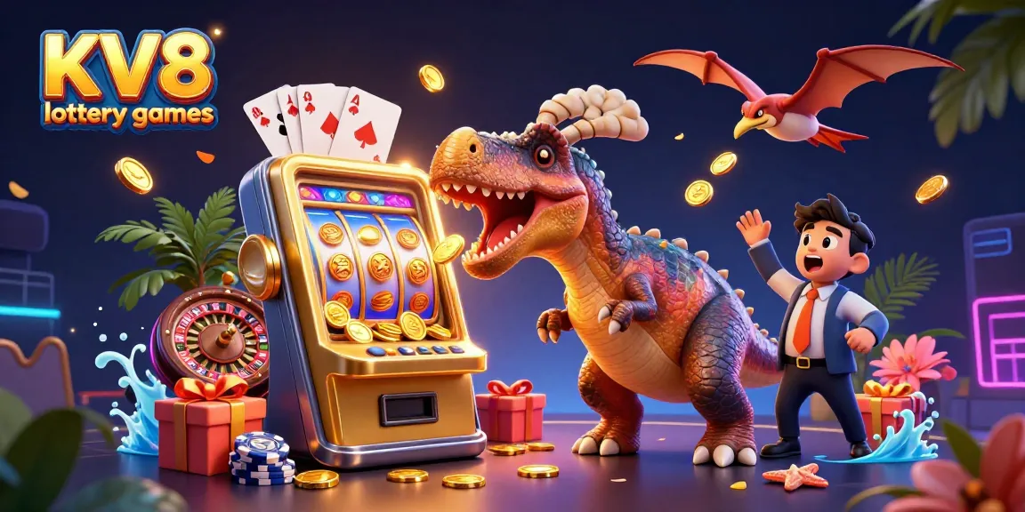 Experience KV8 lottery games with a dynamic scene of animated characters, coins, and slot machines.