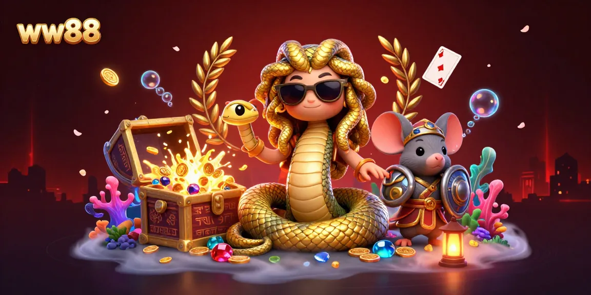 Win big at ww88 with vibrant 3D illustration featuring Medusa, treasures, and a warrior mouse.