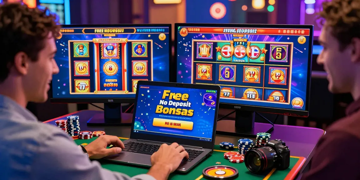 Player excitedly claiming a Free No Deposit Bonus at an online casino with engaging graphics and festive atmosphere.