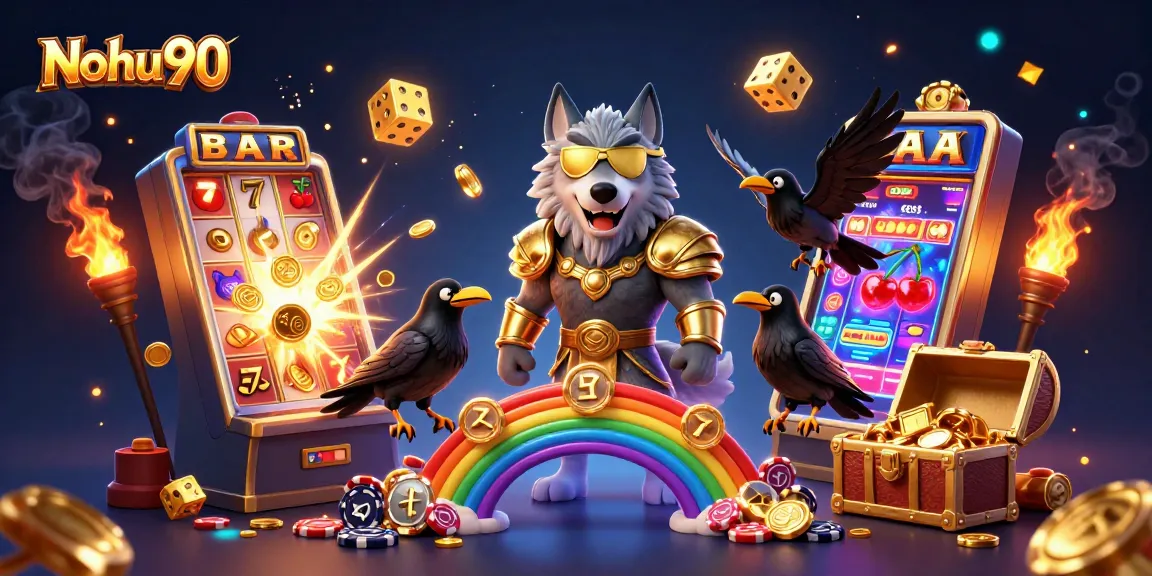 Nohu90 captivates players with a dazzling 3D scene featuring mythical characters and casino-themed elements.