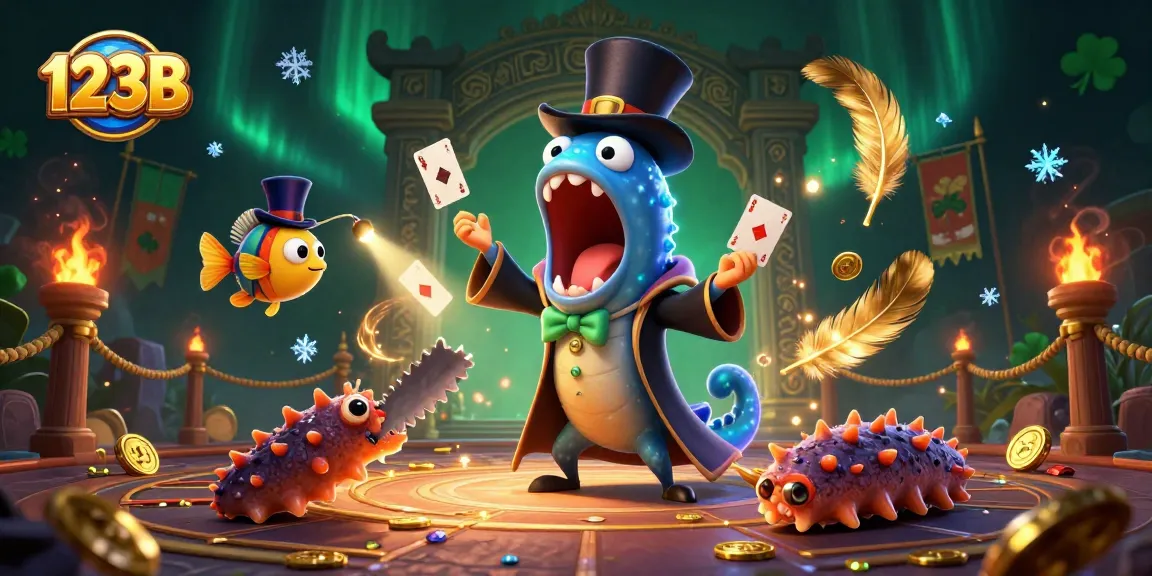 Watch the enchanting 123B casino scene with a deep-sea gulper eel performing card tricks and vibrant gaming elements.