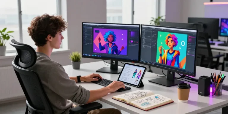 Creative workspace showcasing innovative nsfw ai technology with dual monitors and digital artwork.