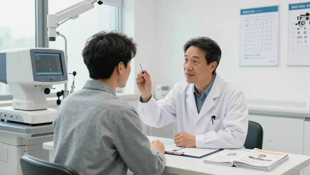 Patient consultation at SNU Eye Clinic discussing eye care procedures in a bright, modern setting.