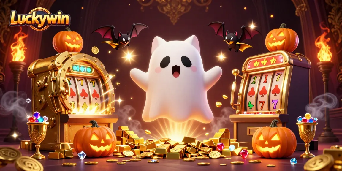 Experience thrilling gaming with Luckywin as a ghost cat and bat explore a haunted casino.