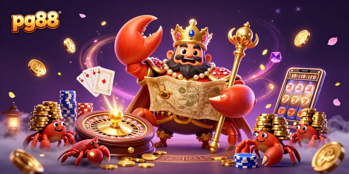 Experience excitement at pg88 with a golden crab emperor and treasure, amidst sparkling gems and coins.
