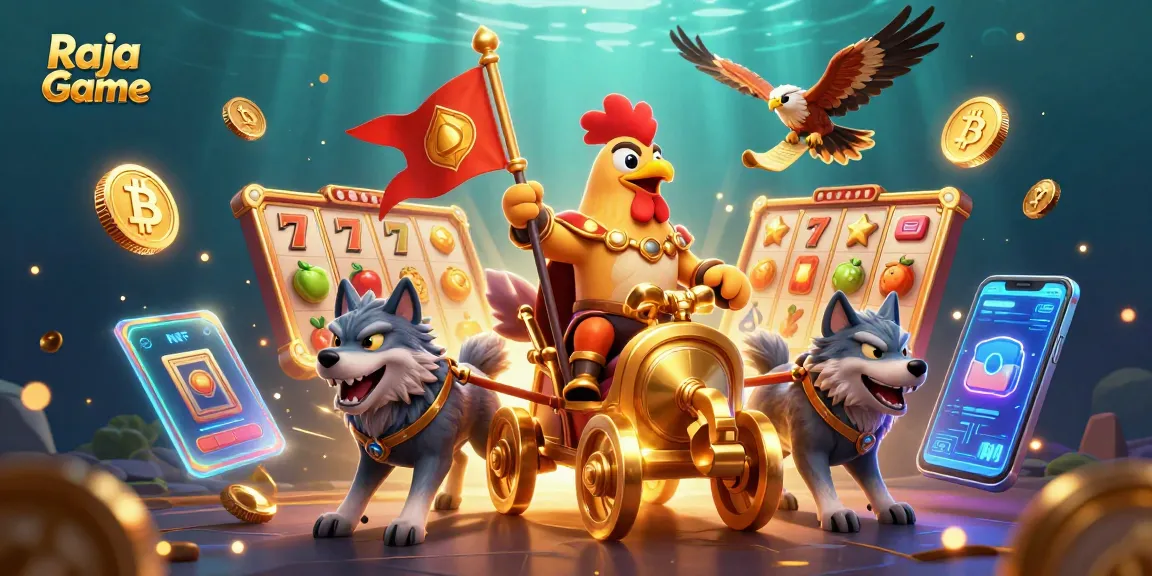 Engage in thrilling gameplay with Raja Game's dynamic casino scene featuring slot reels and vibrant characters.