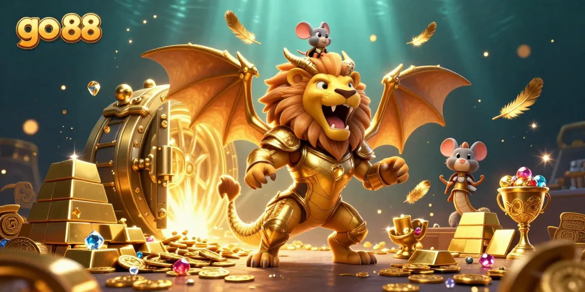 Experience go 88 action with dynamic golden treasure and a chimera, ideal for online casino graphics.