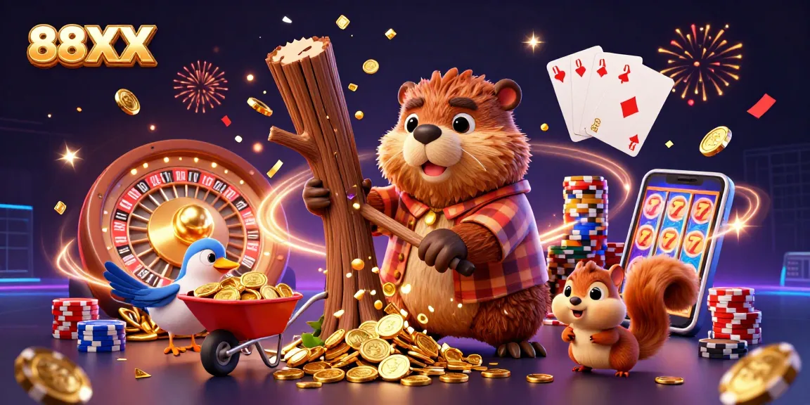 Engage with 88XX while the cartoon beaver chops a tree raining gold coins in a vibrant casino atmosphere.