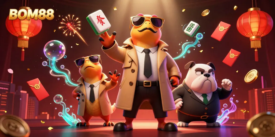 BOM88 raptors in a trench coat entering a casino lounge with gaming elements in a lively scene.