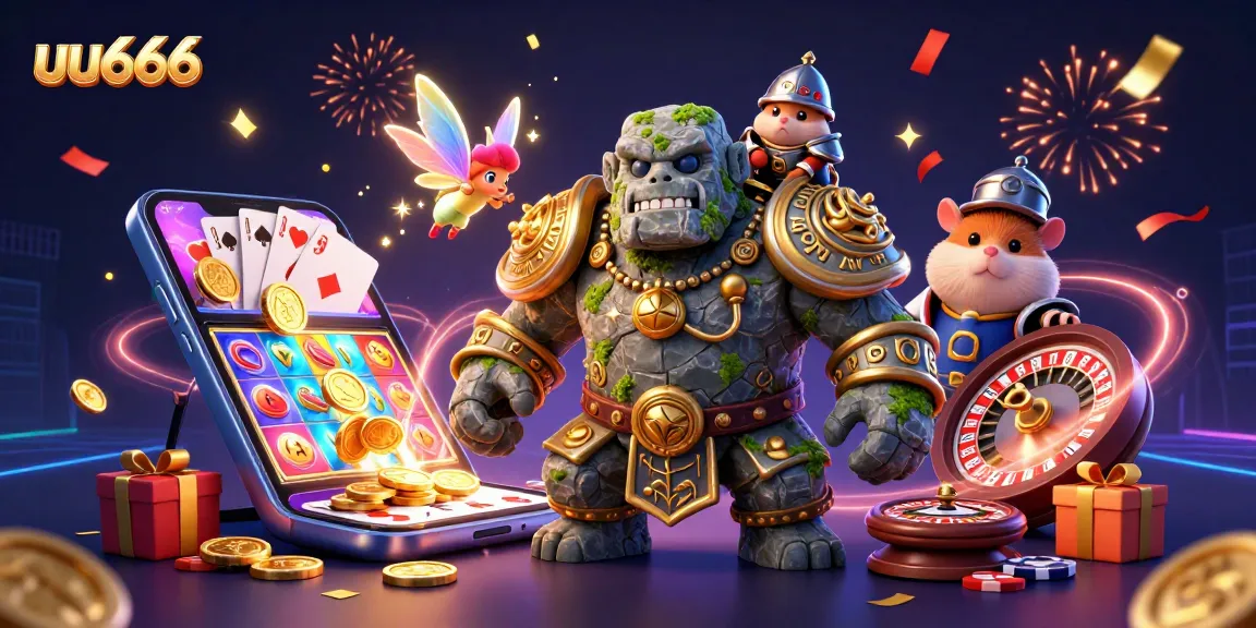 uu666 spins to win with a lively 3D scene of a golem, fairy, and hamster knight amidst casino elements.