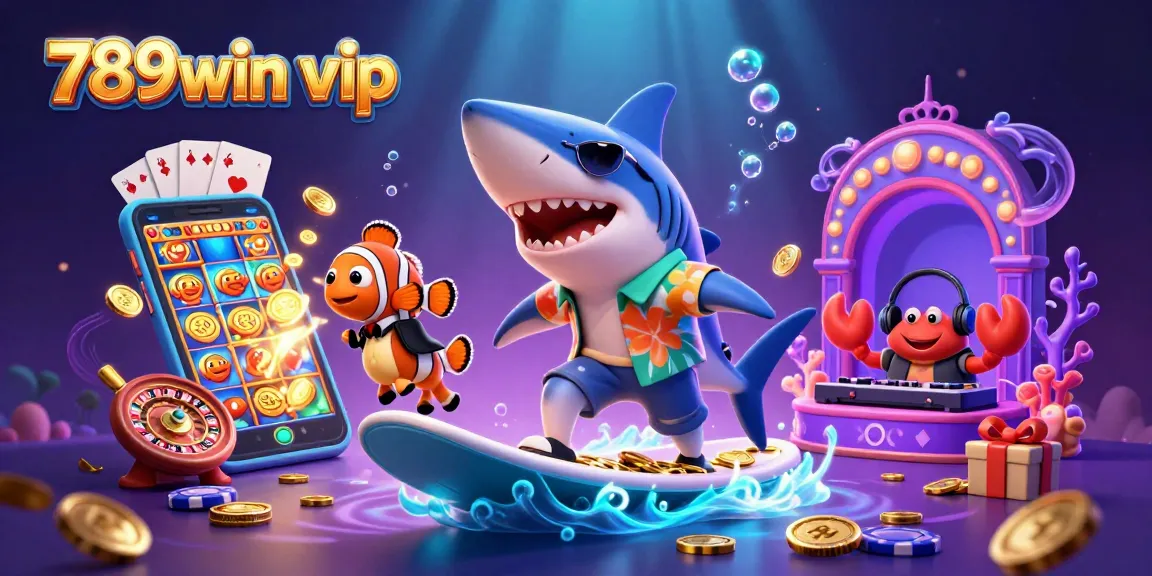 Experience the thrill of 789win vip with a vibrant casino scene featuring a shark and friends.