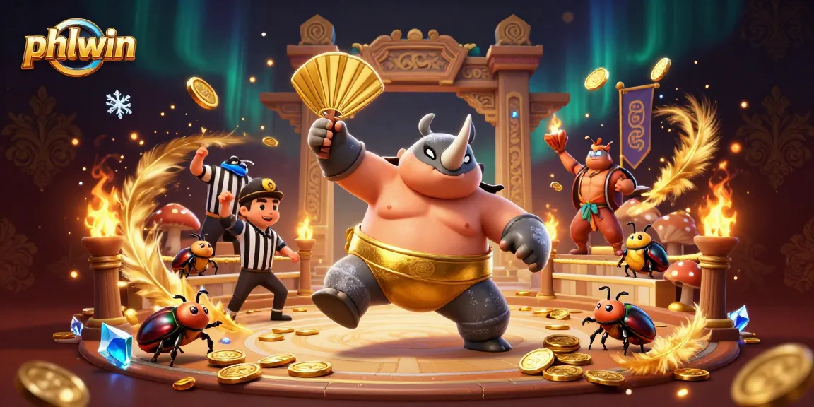 Experience exciting gameplay with phlwin featuring a rhinoceros beetle champion amidst flying coins in a dynamic casino setting.