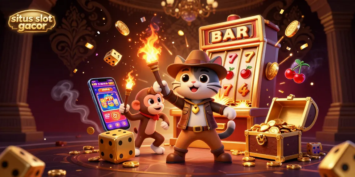 Situs slot gacor illustration featuring a cartoon cat archaeologist and monkey discovering casino treasures amidst vibrant slot symbols and golden coins.