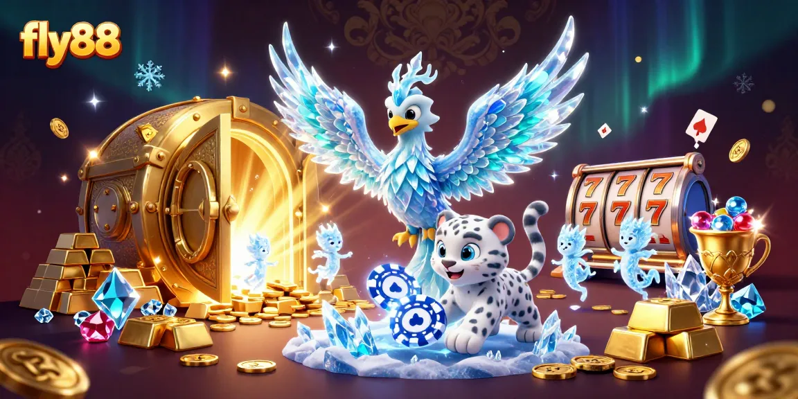 Vibrant, animated scene with fly88 characters amidst dazzling casino elements and treasures